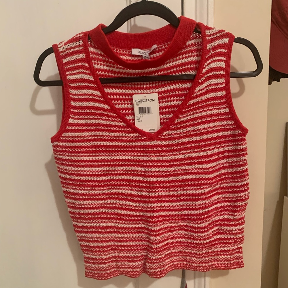 Red and white striped knit sleeveless top, size s